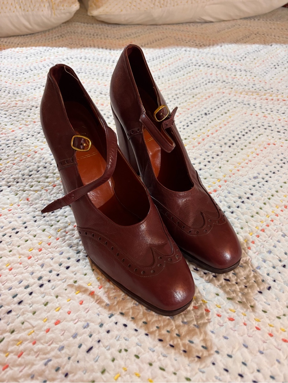 Classic Burgundy Leather Mary Jane Heels with Brogue Detail